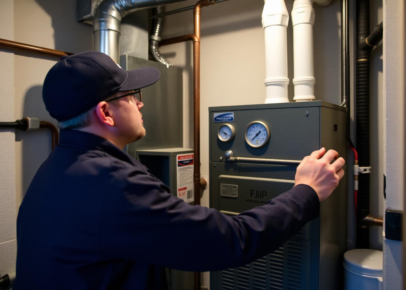 Technician servicing a high-efficiency furnace in a basement mechanical room