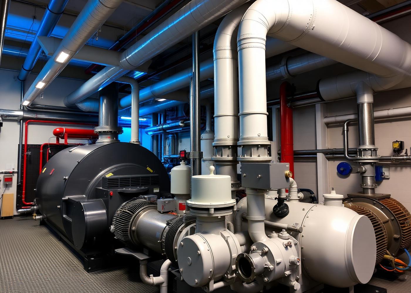 Commercial mechanical room with boilers, pumps and insulated piping
