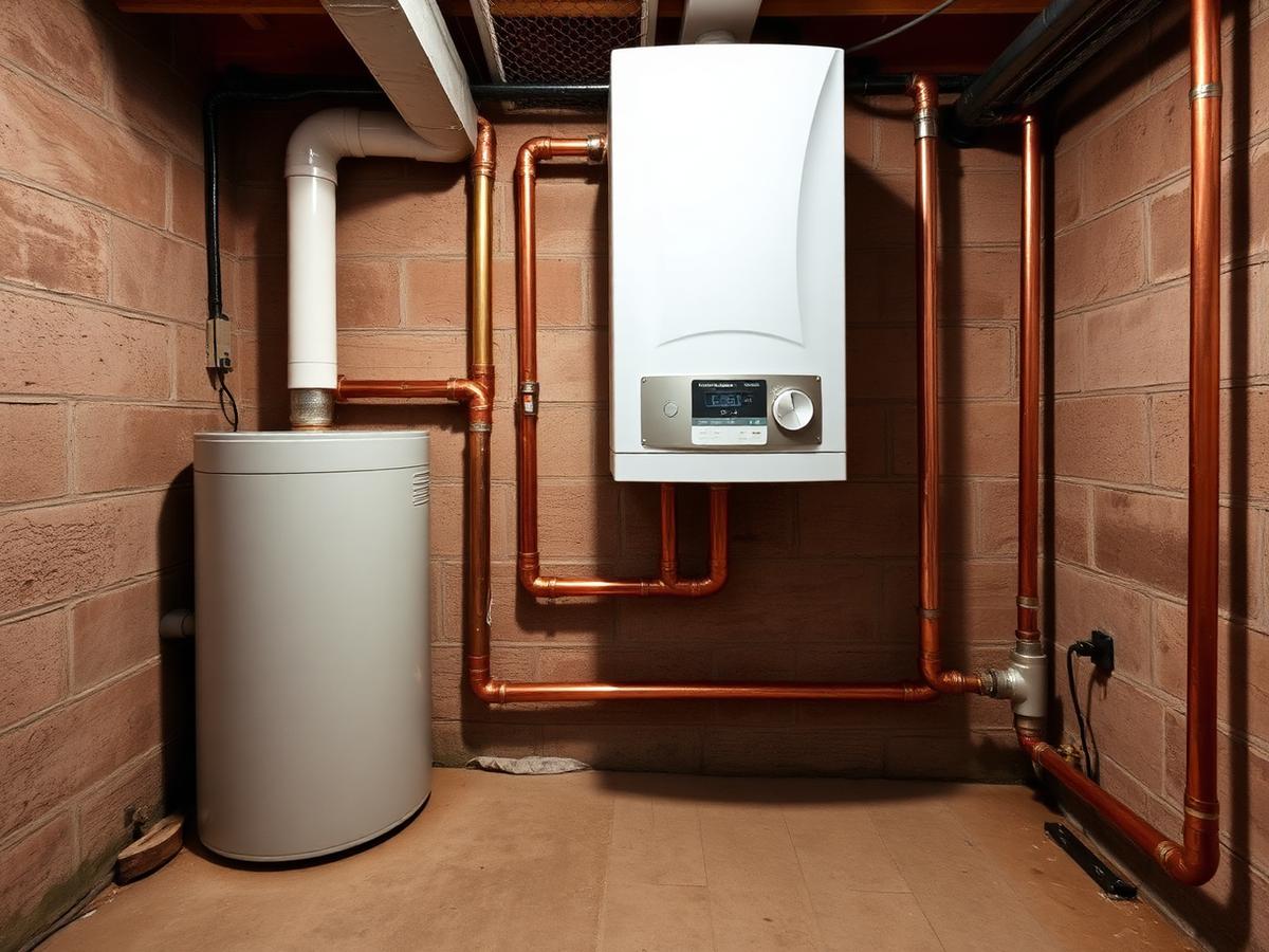High-efficiency furnace and evaporator coil installed in a home utility room