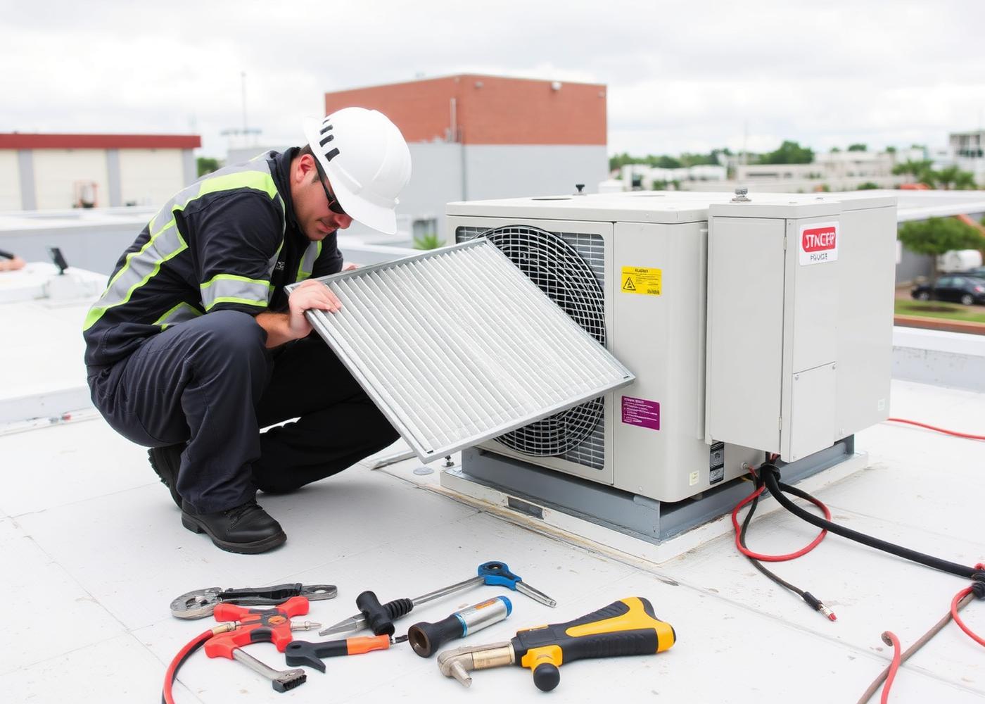 Technician wiring a rooftop HVAC unit control panel