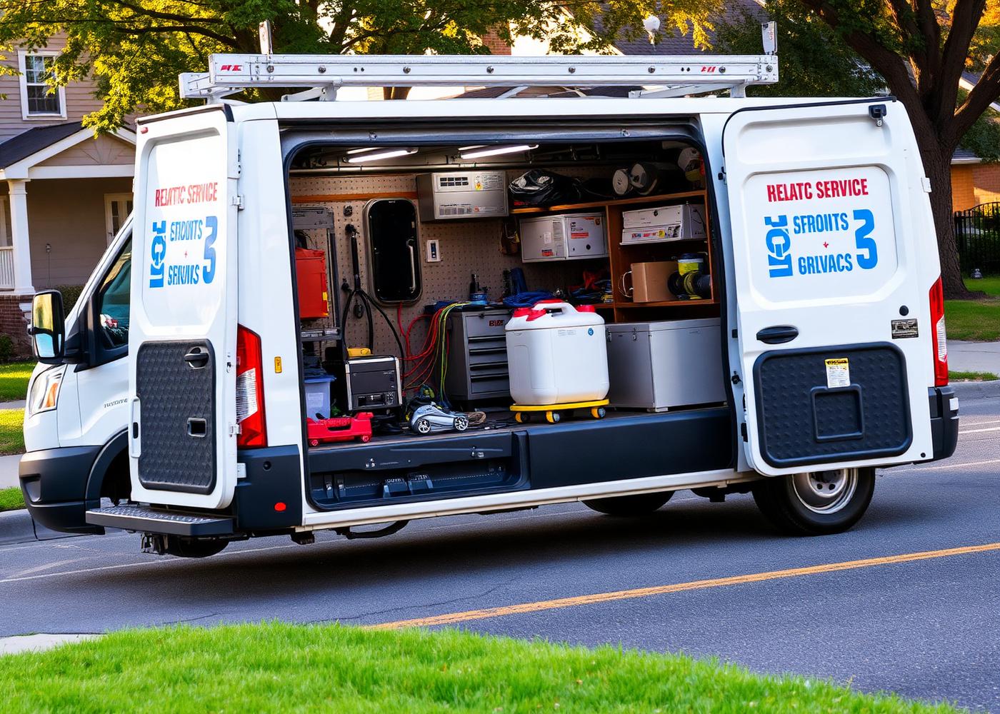 Fully stocked HVAC service van parked on a residential street
